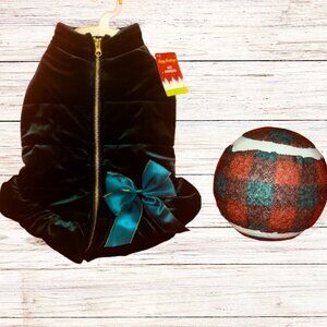 Green Velvet Dog Outfit Size Med and Tartan Plaid Dog Toy Ball Winter Christmas